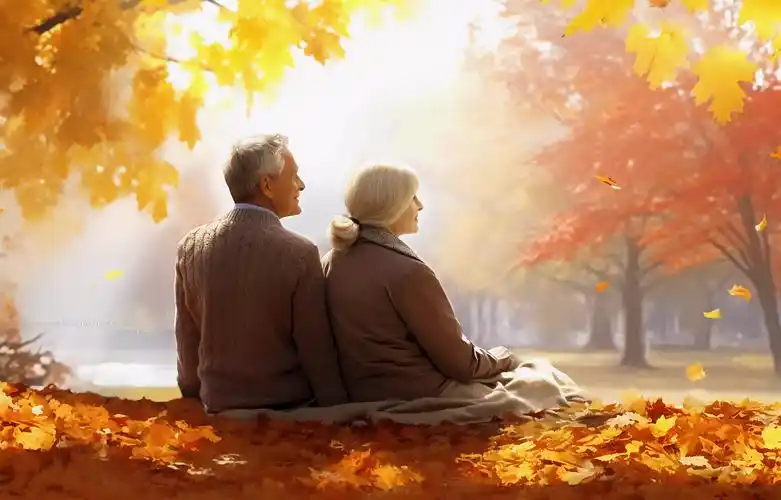 浪漫场景立秋秋天风景非常开心的老爷爷快乐的老人两个老人看着银行卡