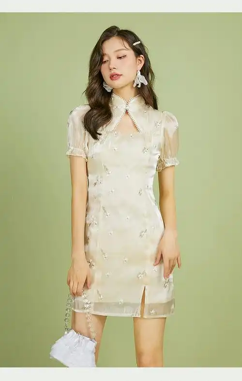 【民国风改良旗袍】侧开叉珍珠边领口气质连衣裙2021新款女夏