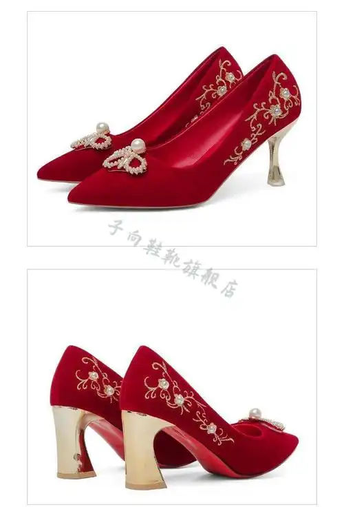 子向婚鞋女新款中式红色新娘鞋秀禾服婚纱两穿高跟鞋细跟酒红色细跟7