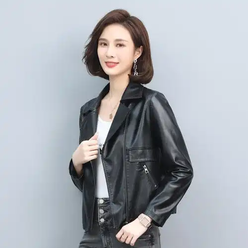 日韩休闲短款女式皮衣真皮清仓秋冬宽松西装领皮夹克外套