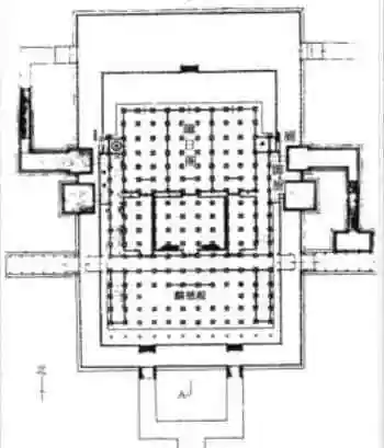 麟德殿二层平面复原图(文献)中殿,后殿与前殿面宽同,东西两尽间同样为