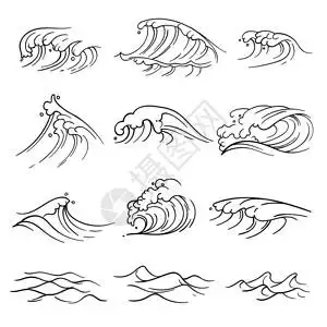 海洋波纹自然波浪水风暴线格说明手画海洋波矢量设置插画