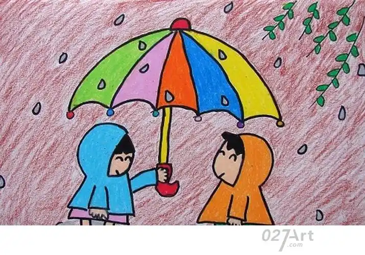 互相帮助的好朋友下雨打伞儿童画作品分享 — 儿童蜡笔画图片大全