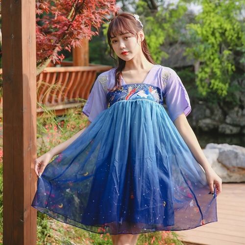 儿童汉服夏装中国风古装齐胸襦裙渐变星空汉服女童亲子连衣裙