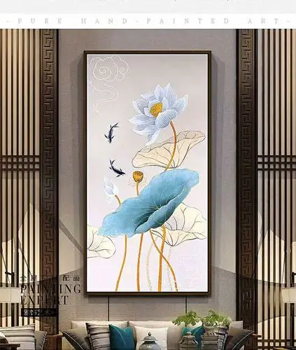 手绘油画现代简约竖版过道手工定制荷花画新中式油画