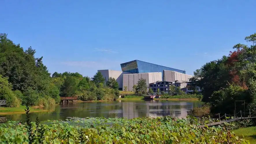 另一个角度的黄山城市展示馆远眺毛石外墙,如黄山的岩