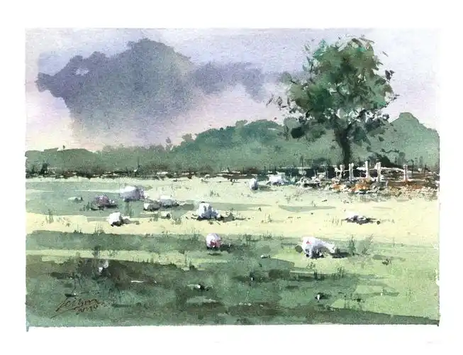 【水彩小风景教程】 草地上的-多么水彩