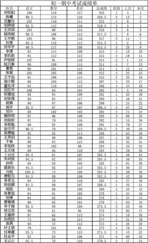 初一期中考试成绩单