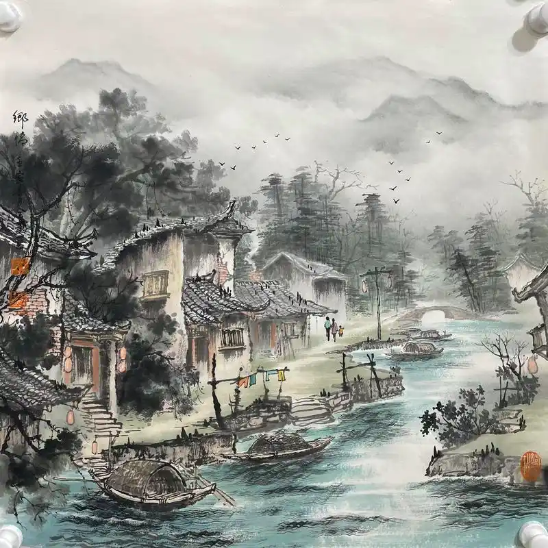 全勇国画山水乡村老屋