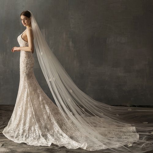 v641欧美花朵教堂新娘头纱超长3米白色拖尾头纱