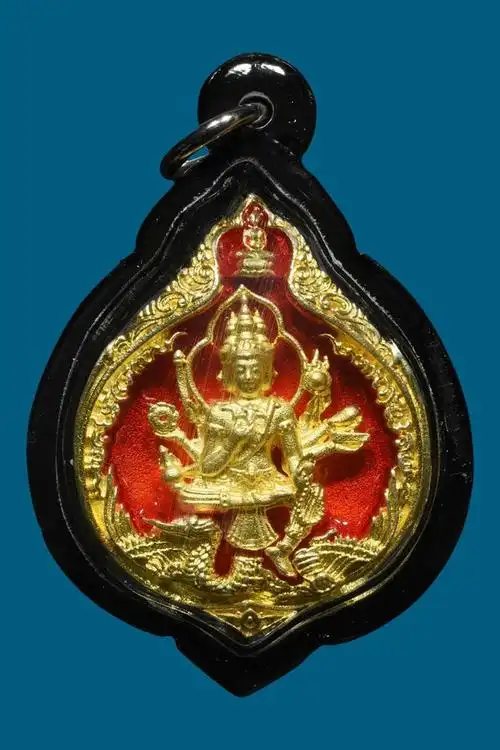泰国佛牌 古巴杰仕纳大师 四面神佛牌 配戴型 (金底红面)连黑色边防水