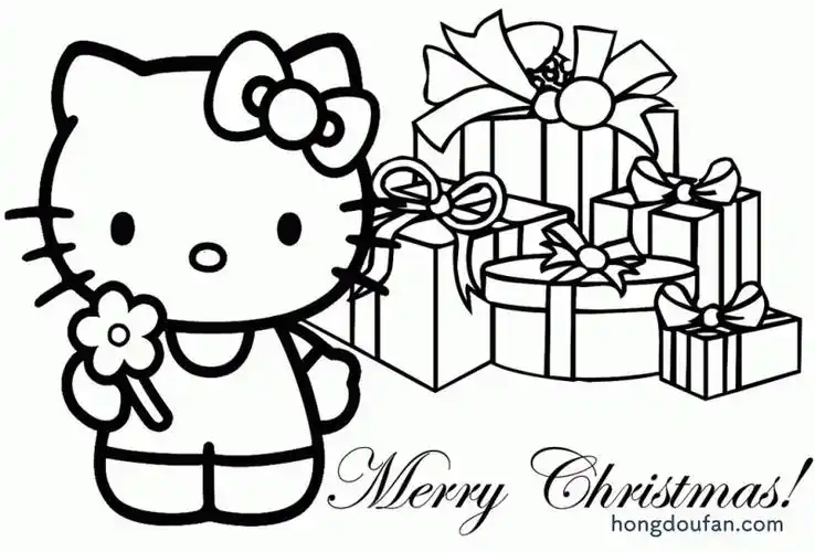 收到好多圣诞礼物的凯蒂猫hellokitty涂色卡通简笔画大全