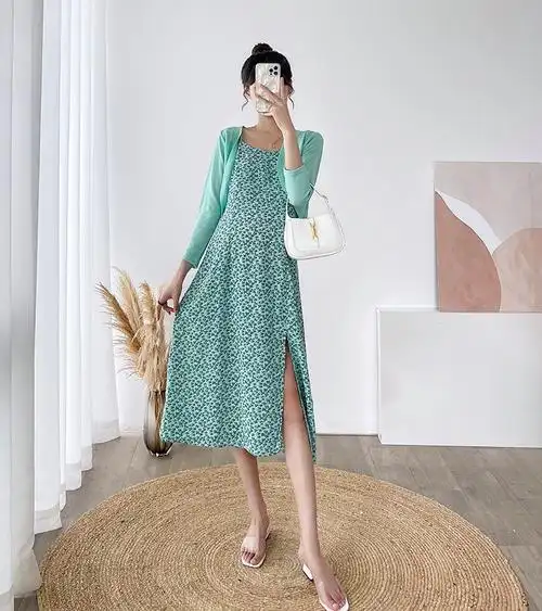 实拍大码女装夏两件套连衣裙小碎花雪纺开叉吊带长裙 防晒小外套 - 17