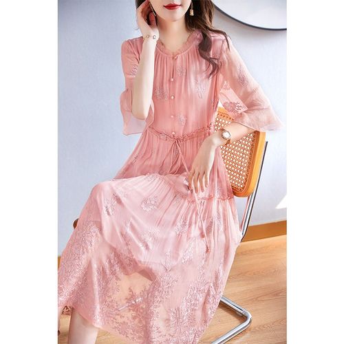 水墨佳人新款刺绣真丝连衣裙女高端时尚品牌系带收腰桑蚕丝长裙子