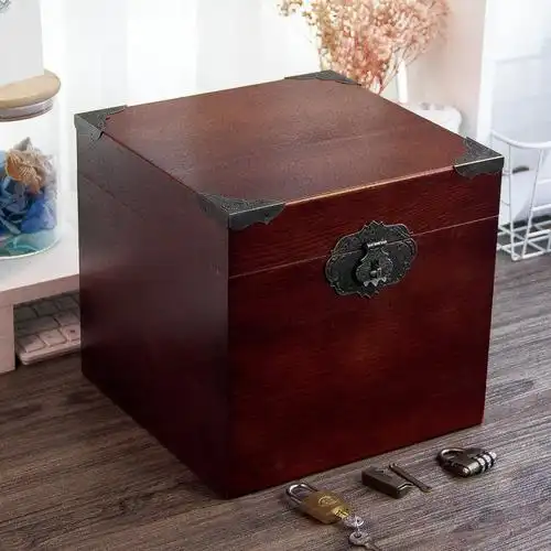实木带锁木箱复古正方形储物箱收纳木箱子木质方盒子大号书箱密码