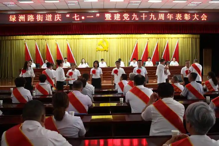 老党员为新党员佩戴党徽.