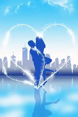 蓝色天空房屋剪影情侣桃心海报背景