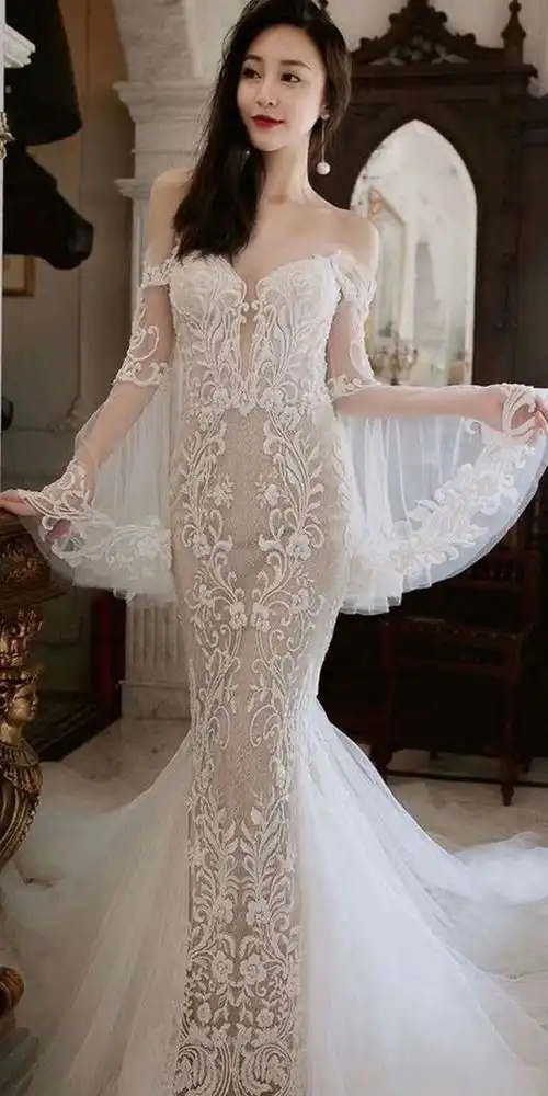 全国本色·original婚纱礼服馆-一字肩性感喇叭鱼尾裙-中国婚博会官网