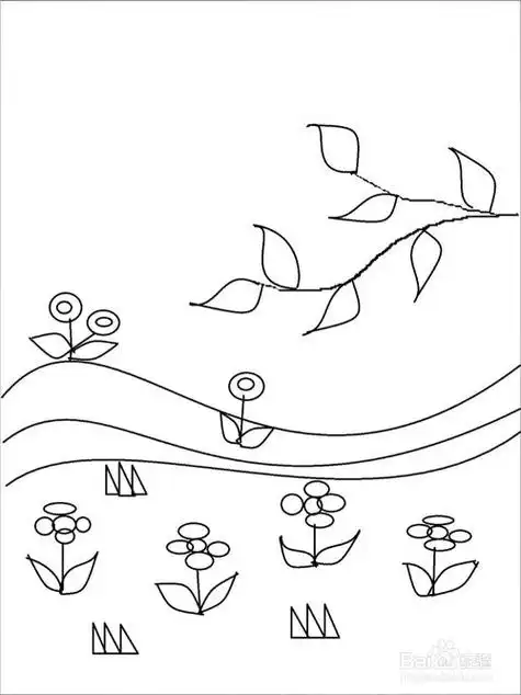 春天的简笔画最为主的就是花草房子蓝天白云.