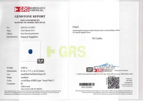 【忆宝】天然 蓝宝石裸石 皇家蓝 斯里兰卡 4.09ct grs证书