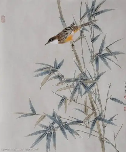 马为超工笔花鸟画之竹子红鸟图图片
