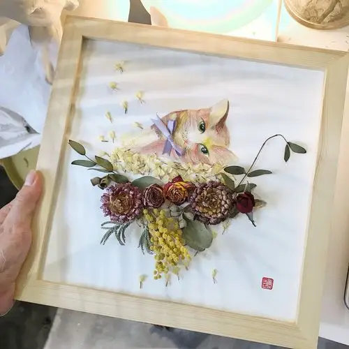 【 夏天的喵 】纯手绘 纯手工干花装饰画