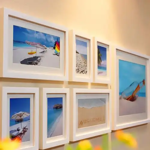 马克贴实木照片墙7框横款白色创意组合相框墙 爱琴海相片墙7qy421