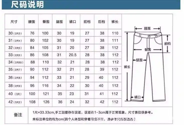 裤子尺码对照表是26代表腰围为"19尺" 27代表腰围为"20尺"28代表腰围