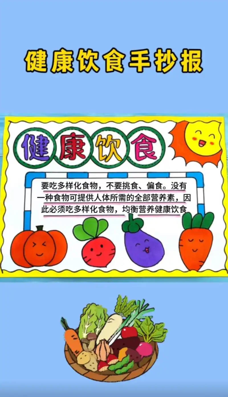 健康饮食手抄报,线稿图可打印呦～简单好看的小学生健康饮食手抄报