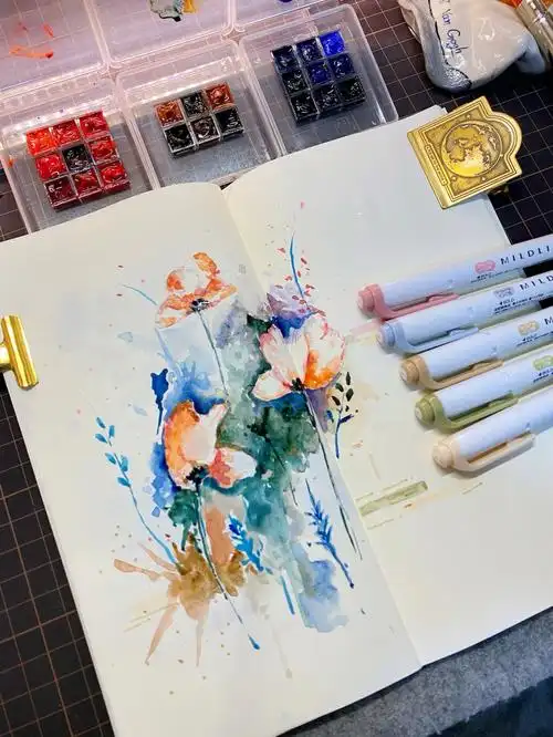 斑马荧光笔新色一起画水彩花卉tn手帐分享