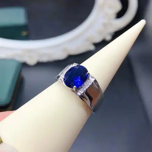 款蓝刚玉男戒净体爆闪主石810mm925银镶嵌饰品礼物生日经典