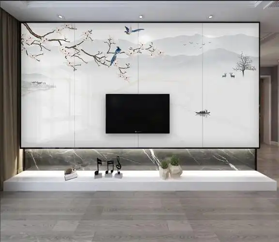 43ly新中式玉兰花鸟意境山水岩板背景墙