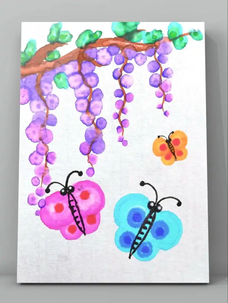 《紫藤花下的蝴蝶》儿童晕染画.