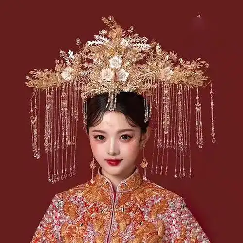 ete新娘中式大凤冠长流苏金色霸气奢华古风头饰宫廷秀禾古装发饰
