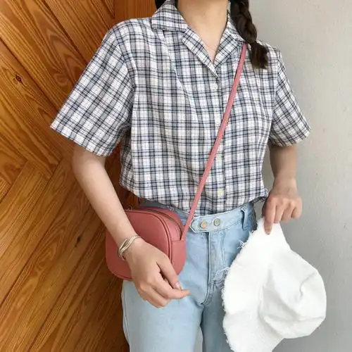 韩版学生百搭短款格子衬衫女短袖学院风宽松显瘦ins超火衬衣夏季