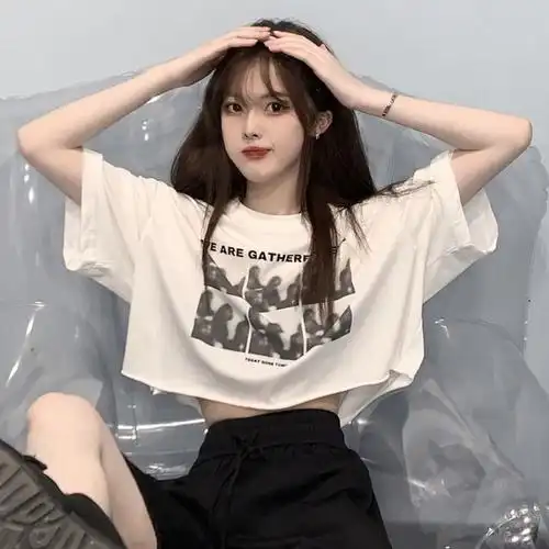 伞若短袖t恤女生上衣夏季纯棉短款辣妹露腰上衣夏装女新款ins潮短袖