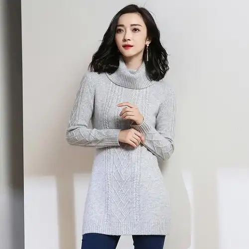 18新款宽松高领羊绒衫女菱格毛衣时尚简约慵懒打底衫针织衫