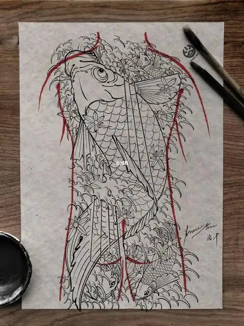 满背鲤鱼纹身手稿设计