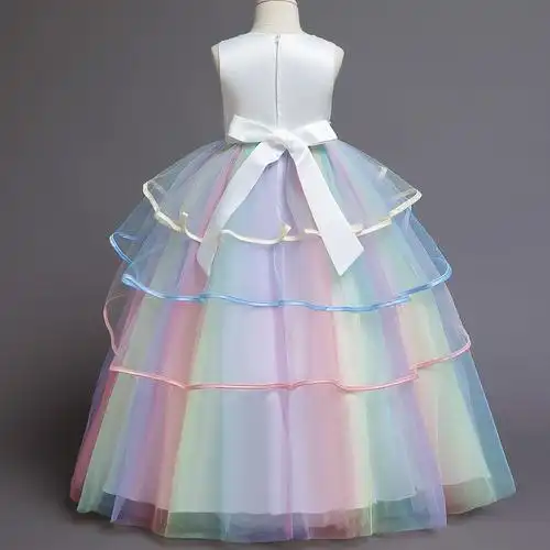 2020中大童长款礼服七彩网纱蛋糕蓬蓬裙独角兽公主裙节日演出礼服