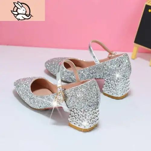 huayangtu礼服银色高跟鞋主持表演出舞台模特水晶儿童鞋小公主女童