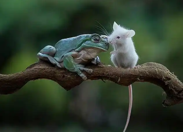 原创青蛙张开嘴本想一口吃掉小老鼠,关键时刻改变心意,意外收获香吻