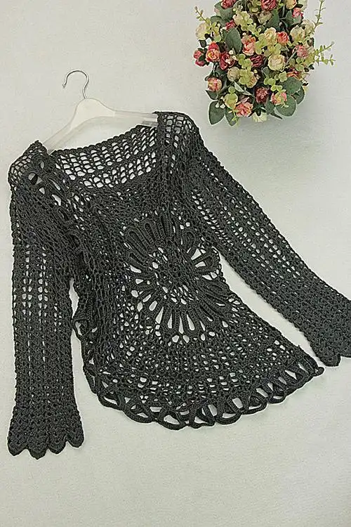 一折黑色网衫_促销针织线手工钩织钩花网衫钩针园领春夏外搭t恤缕空