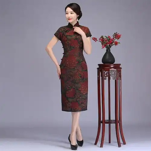 2021新款春款真丝旗袍 复古改良香云纱大牡丹旗袍桑蚕丝气质典雅