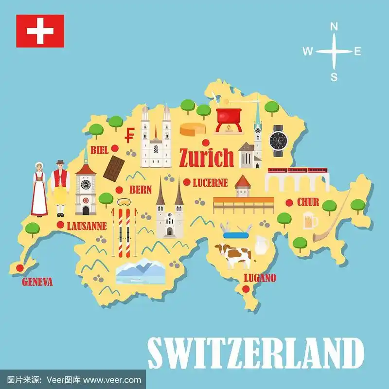 用地标绘制瑞士地图