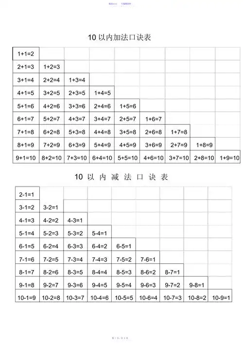1020以内加减法口诀表打印doc2