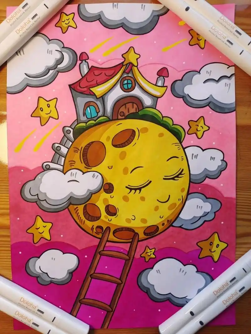 月球马克笔绘画(附原图) 月球马克笔儿童绘画,最后一张原图,临摹.