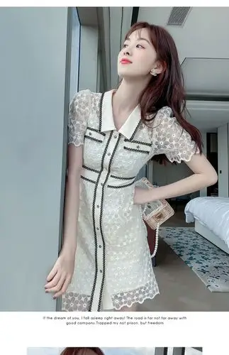 kouyini高端轻奢女装蕾丝连衣裙女2022夏季新款短袖polo领时尚显瘦a字