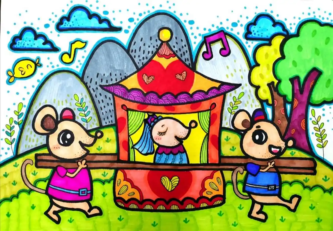 儿童创意画分享 | 老鼠嫁女 ①粗笔画外轮廓 ②细笔画细节 ③涂主体物