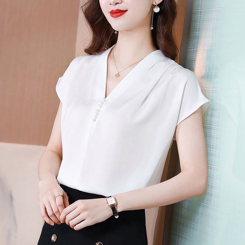 白色真丝短袖衬衫女夏设计感高端v领遮肚打底小衫缎面桑蚕丝上衣