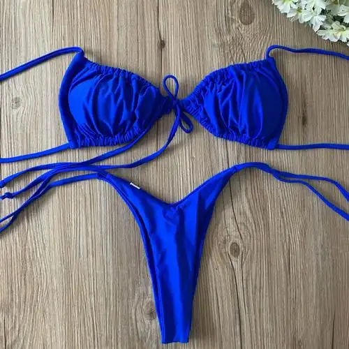 欧美新款泳衣女性感三角比基尼抽绳绑带小胸三点式bikini温泉泳装黑色